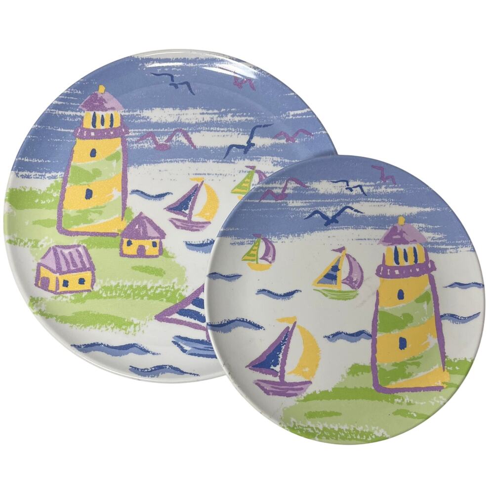 Colorful Sailboat Lighthouse Plate Set